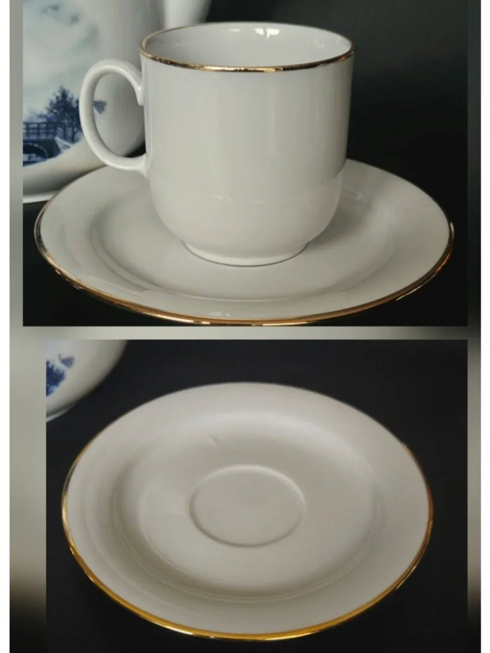 Delft Blue & White Windmill Porcelain Teapot Cup And Saucer Set With Gold Accent